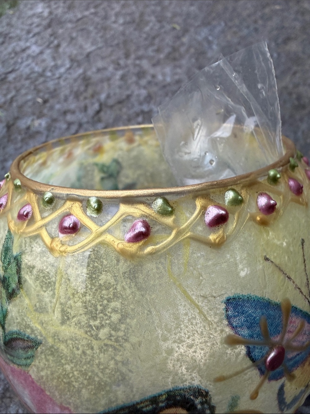 Hand-Painted Butterfly Glass Tea Light Holder in Blue, Pink and Gold - Picture 5 of 16